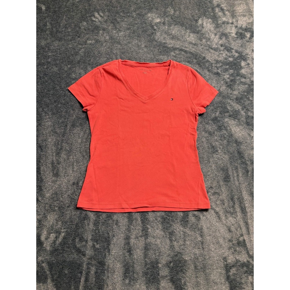 Tommy Hilfiger V-Neck T-Shirt Size M Men's Red Short Sleeve Solid 100% Cotton